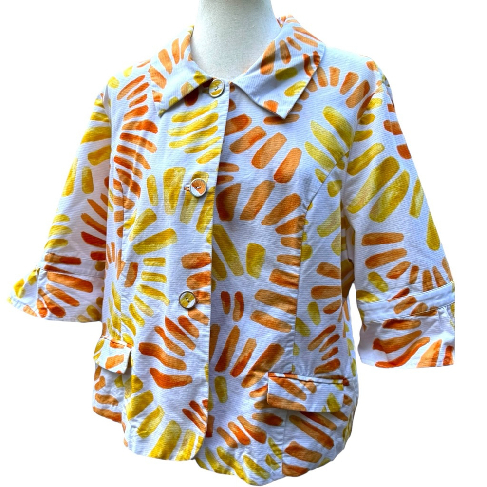 Chico’s Jacket XL 3 Bright Abstract Print Button Front Cotton Blend 3/4 Sleeve